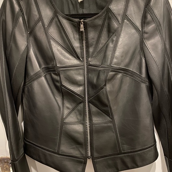 etcetera new black leather jacket, Sz 4 with poly, spandex fabric inserts. Zip - Picture 2 of 10